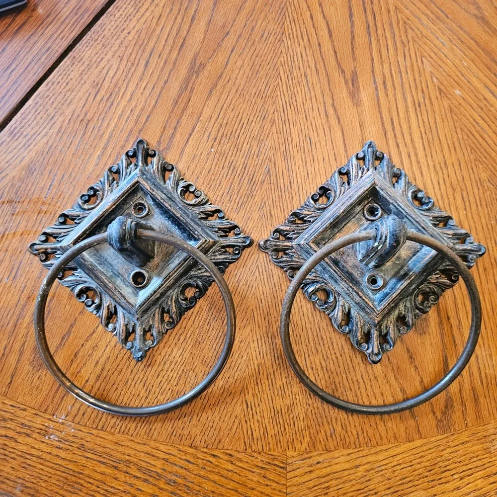 Vintage Dart Ind 1965 MCM Ornate Towel Ring Set of 2 Bronze Gold Black 820